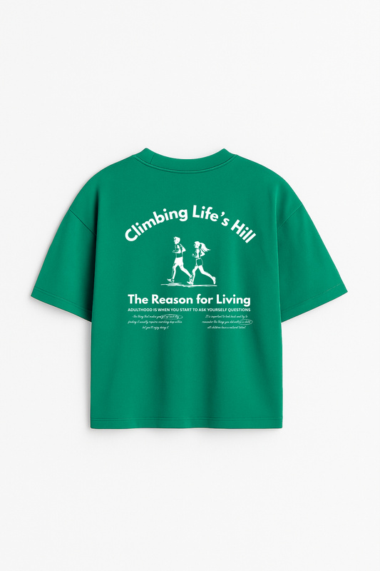 LUXVÓIRE™️ GREEN OVERSIZED T-SHIRT – CLIMBING LIFE’S HILL PRINT