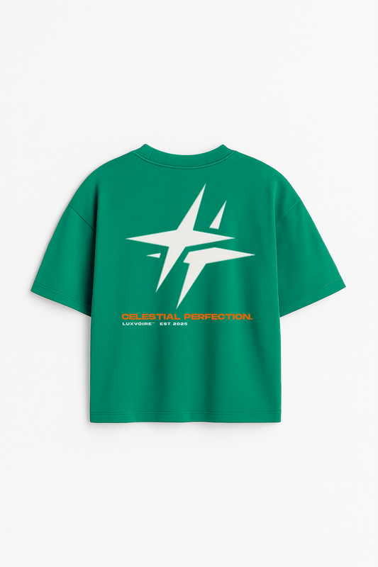 LUXVÓIRE™️ GREEN OVERSIZED T-SHIRT – CELESTIAL PERFECTION PRINT