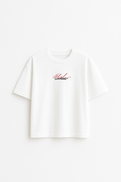 LUXVÓIRE™️ SIGNATURE SCRIPT TEE – WHITE