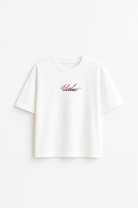 LUXVÓIRE™️ SIGNATURE SCRIPT TEE – WHITE