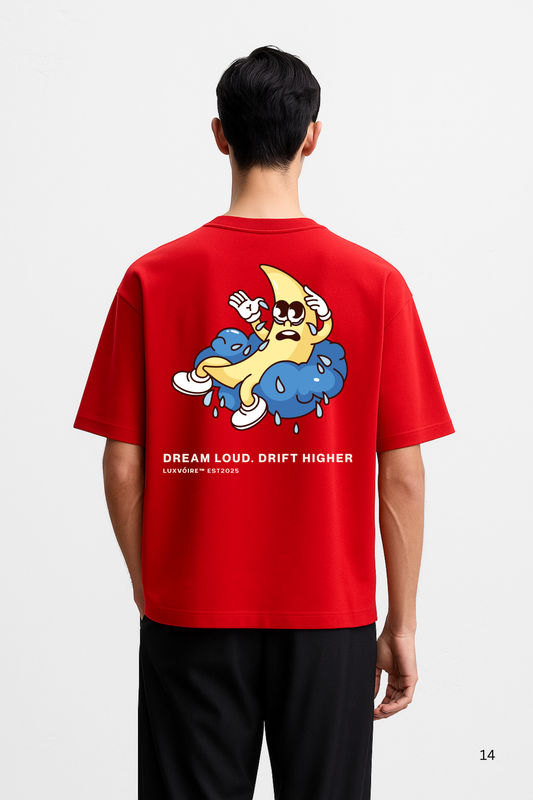 LUXVÓIRE™ DRIFT REALM OVERSIZED TEE – SCARLET CLOUDS EDITION