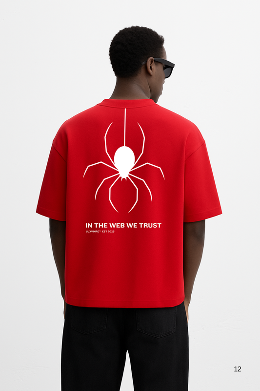 LUXVÓIRE™ IN THE WEB WE TRUST SIGNATURE UNISEX TEE – CRIMSON EDITION