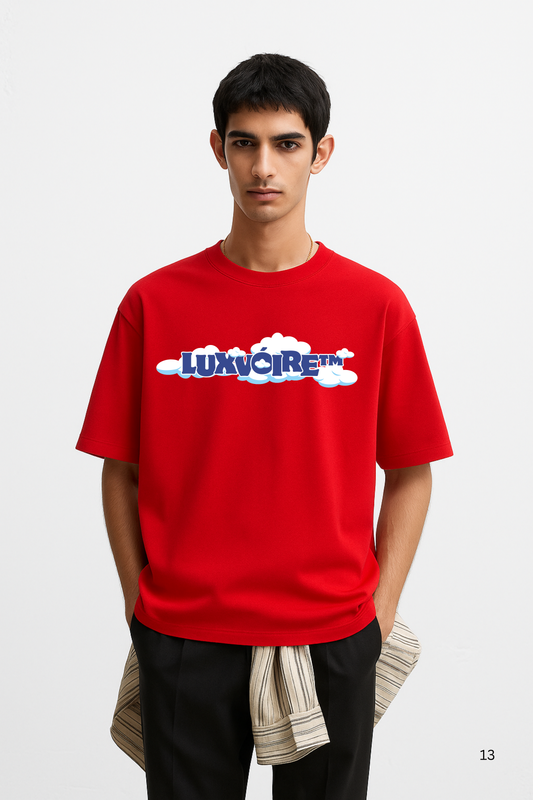 LUXVÓIRE™ DRIFT REALM OVERSIZED TEE – SCARLET CLOUDS EDITION